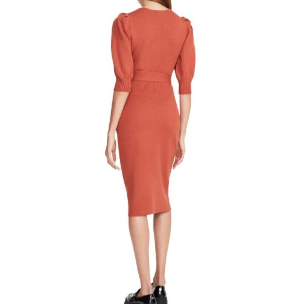 Betsey Johnson Puff Sleeve Tie Waist Sweater Dress Rust Orange Size Large - Picture 2 of 10